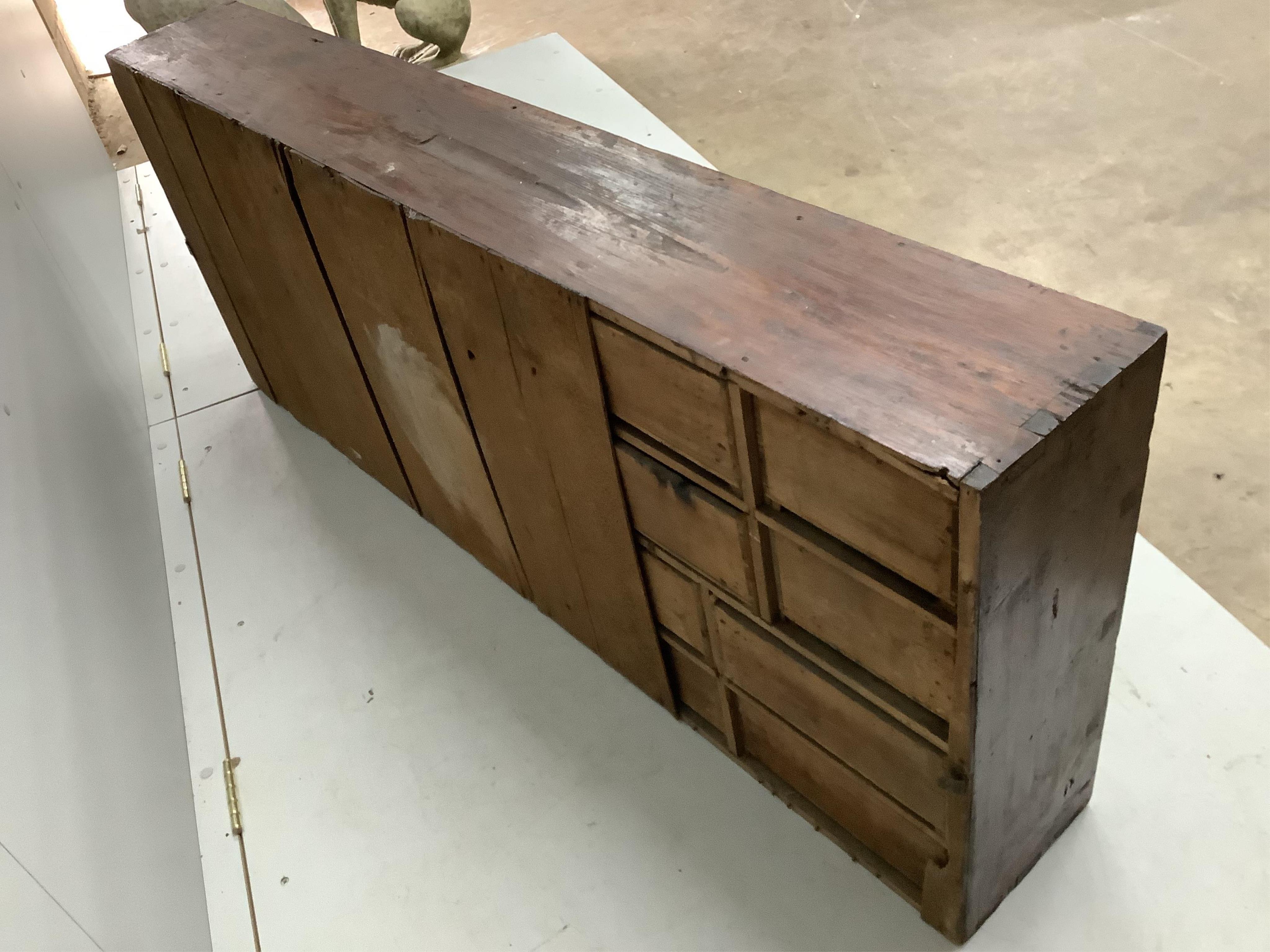 A Victorian mahogany and pine apothecary chest, width 152cm, depth 22cm, height 61cm. Condition - fair